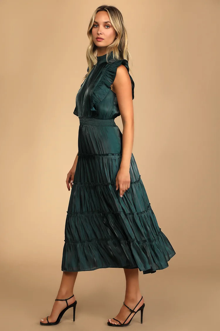 Take a Glance Emerald Green Tiered Mock Neck Midi Dress | Lulus