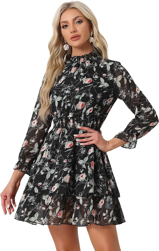 Allegra K Women's Floral Dress Chiffon Long Sleeve Mock Neck Ruffle Layered Smocked Mini Dresses | Amazon (US)