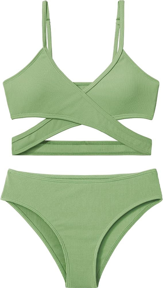 Girls Swimsuit Bikini Set,Criss Cross Bathing Suits for Girls Two Piece Swimsuit Solid Color Girl... | Amazon (US)