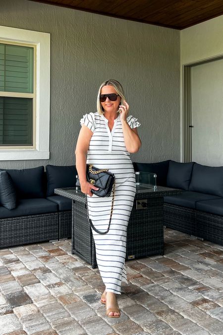 Striped knit summer dress with ruffles, and neutral heeled sandals.
Use code JONA10 for a discount.

#LTKOver40 #LTKFindsUnder100 #LTKStyleTip