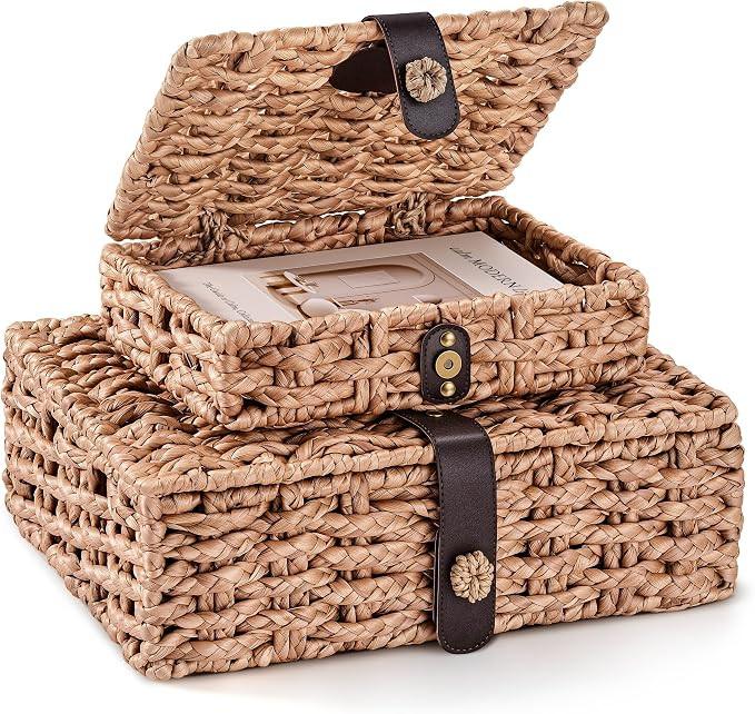 JARLINK Decorative Box with Lid, Handwoven Water Hyacinth Wicker Woven Box | Amazon (US)