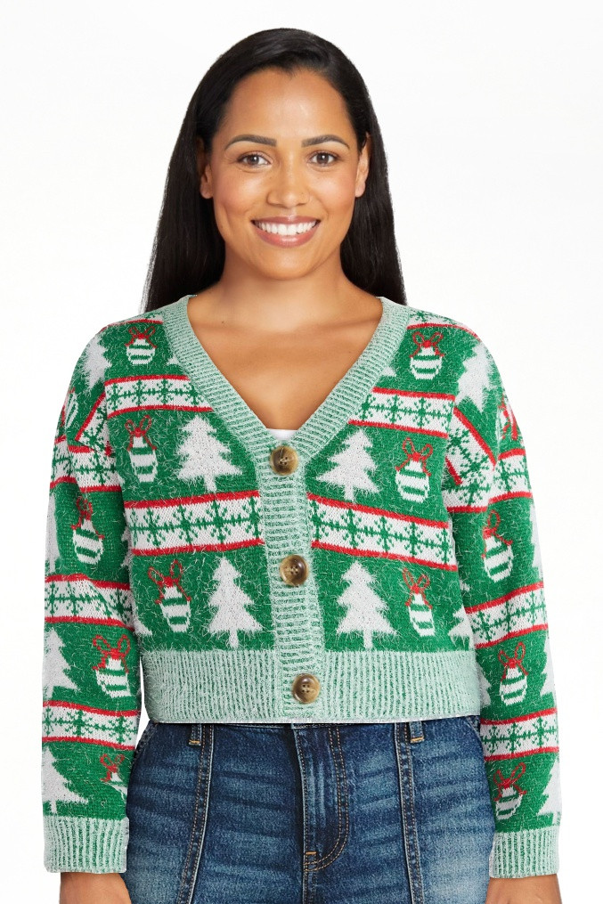 No Boundaries Embroidered Christmas Cardigan, Women's & Women's Plus | Walmart (US)