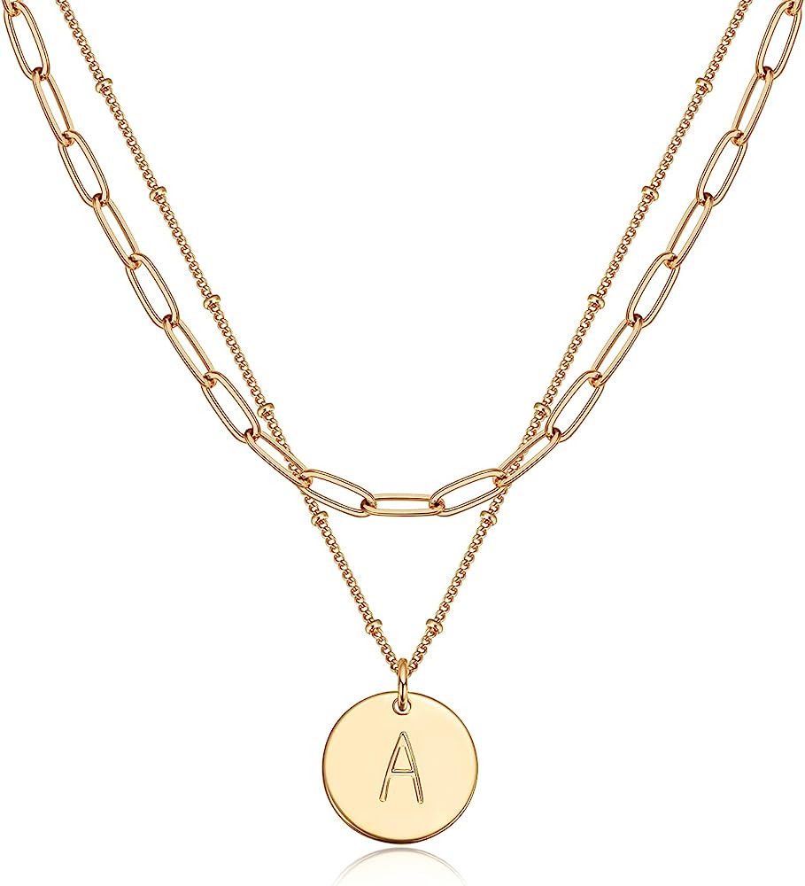 Valloey Rover Gold Initial Pendant Necklace, 14K Gold Plated Disc Double Side Engraved 16.5" Adju... | Amazon (US)