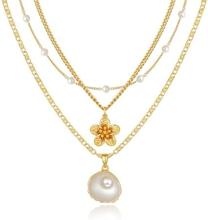 Charm Necklaces for Women,14k Gold Plated Waterproof Dainty Choker Necklace Summer Seashell Pearl... | Amazon (US)