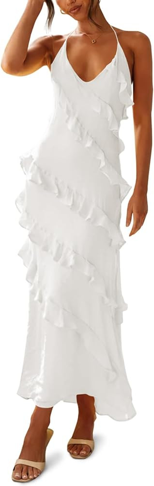 Wenrine Womens Sexy Chiffon Halter Maxi Dress Sleeveless Backless Ruffle Tassel Party Club Dresse... | Amazon (US)