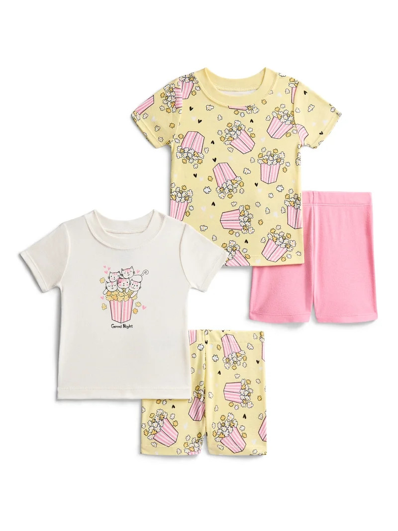 Wonder Nation Toddler Girls Short Sleeve Tee and Shorts Cotton Tight Fit Pajama Set, 4-Piece, Siz... | Walmart (US)