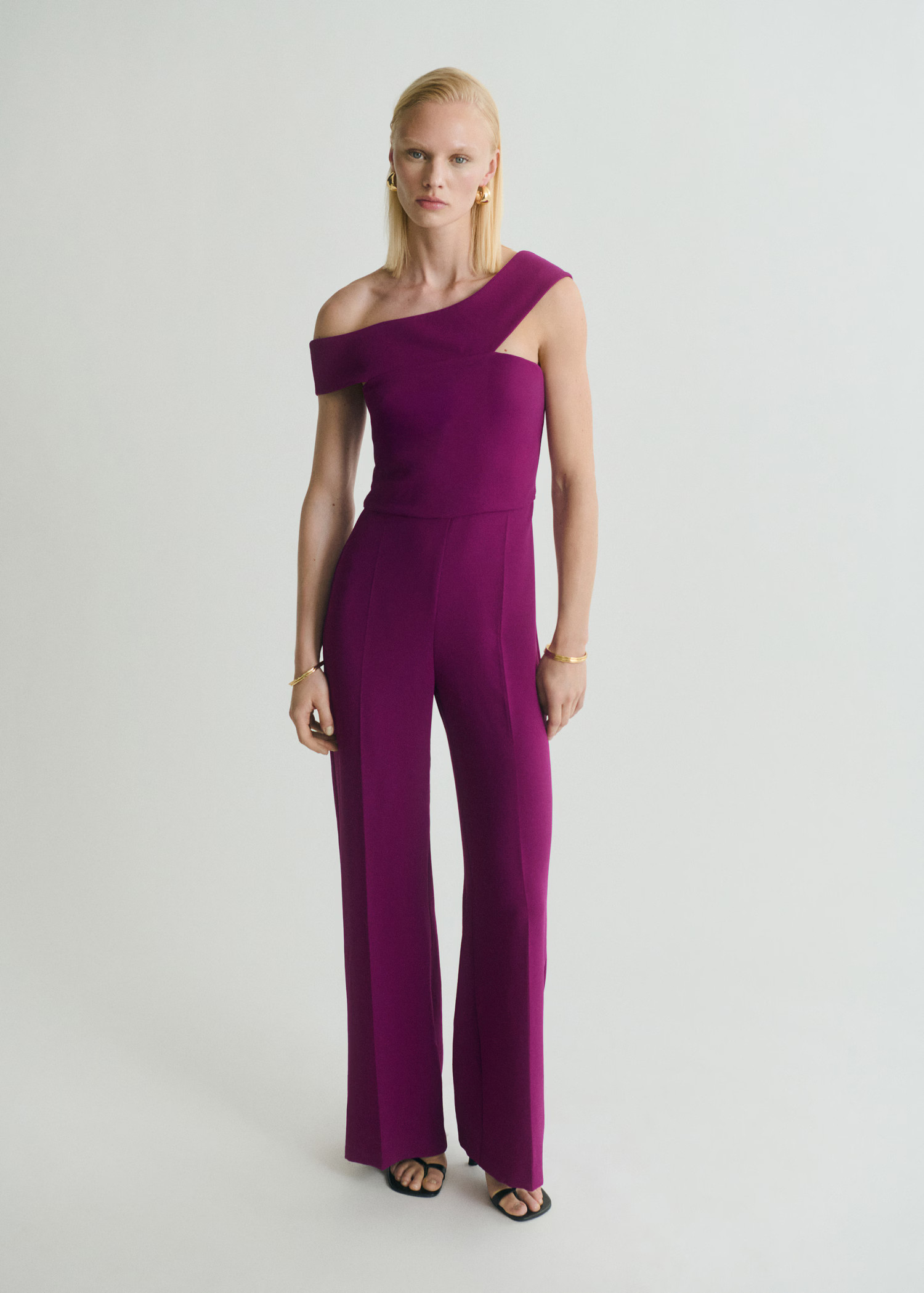 Long jumpsuit with asymmetrical neck - Women | MANGO United Kingdom | MANGO (UK)