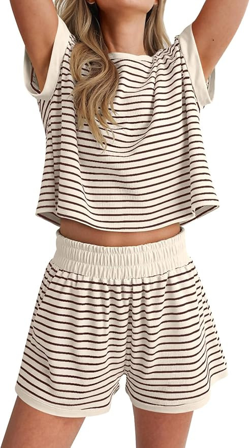 ANRABESS Womens 2 Piece Ribbed Striped Knit Pajama Set, Short Sleeve Top & Lounge Shorts, Casual ... | Amazon (US)