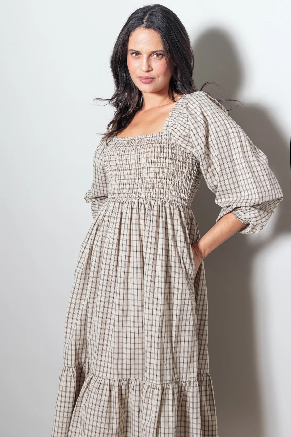 Beige Plaid Smocked Puff Sleeve Midi Dress | PinkBlush Maternity