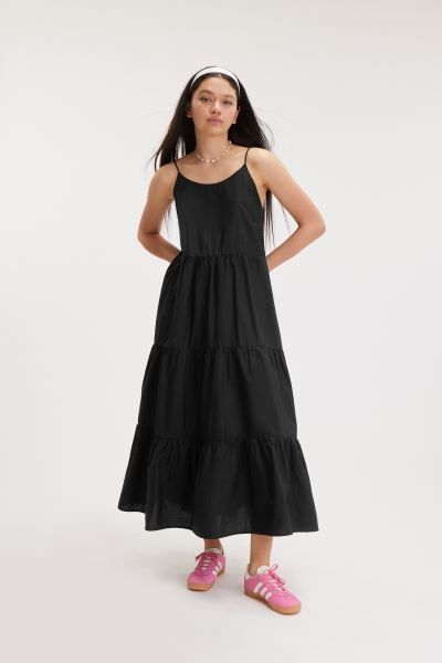 Tiered Poplin Maxi Dress - Sleeveless - Black - Ladies | H&M GB | H&M (UK, MY, IN, SG, PH, TW, HK)