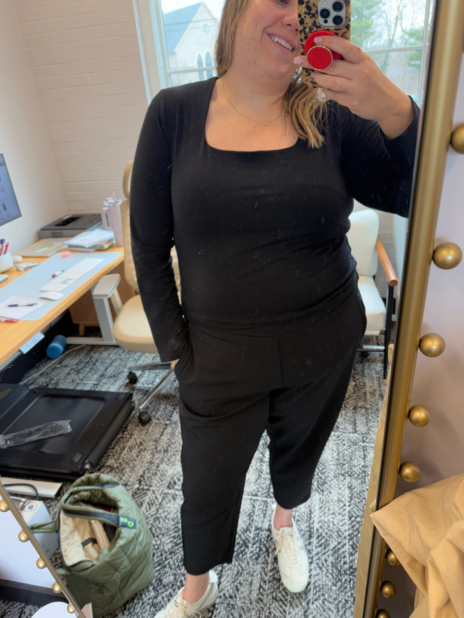 Love this Gap shirt. It hasn't the most flattering neckline and looks like you're wearing a body suit it's so smoothing, but you don't have to go through the pain of wearing one. Use code great for 30% off and addon for extra 20% off. True to size for me  

Pants are Athleta endless pants. As an apple shape, I size down on these because they have a very comfortable yoga waistband. Then the legs aren't as big on me. Great work pants. Athleta has up to 30% off when you spend $300 right now. 

