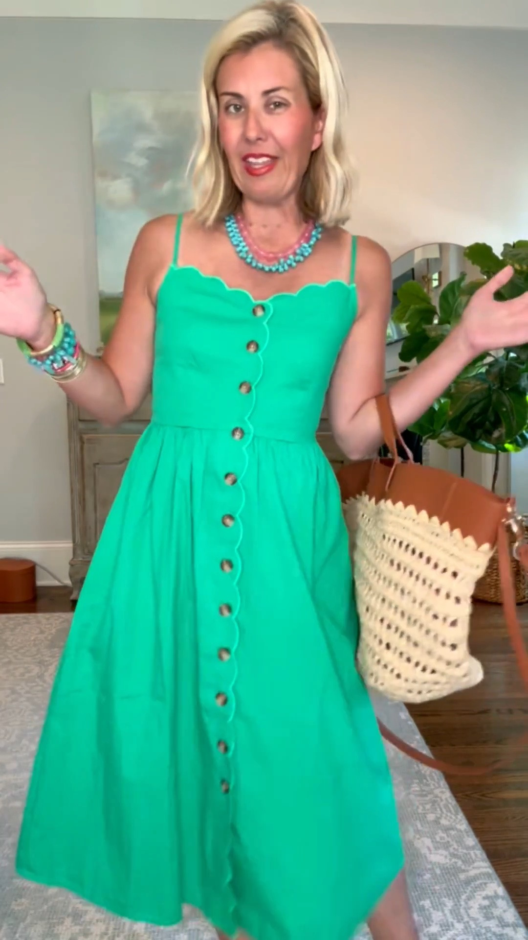 I love a scallop and I love a pop color so this dress is a yes! Layer up your jewels & cute bag and off you go. ￼. 
Sizing:
Dress - 0
Shoes - 8 tts

*code Catherine20 at Allie + Bess

#LTKdayinmylife #LTKmomlife #LTKOver40