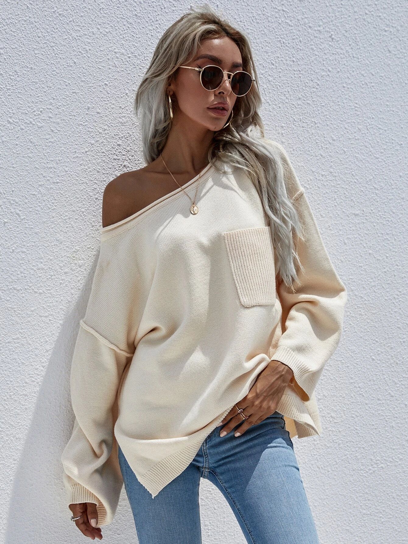 Patched Pocket Drop Shoulder Split Hem Sweater | SHEIN