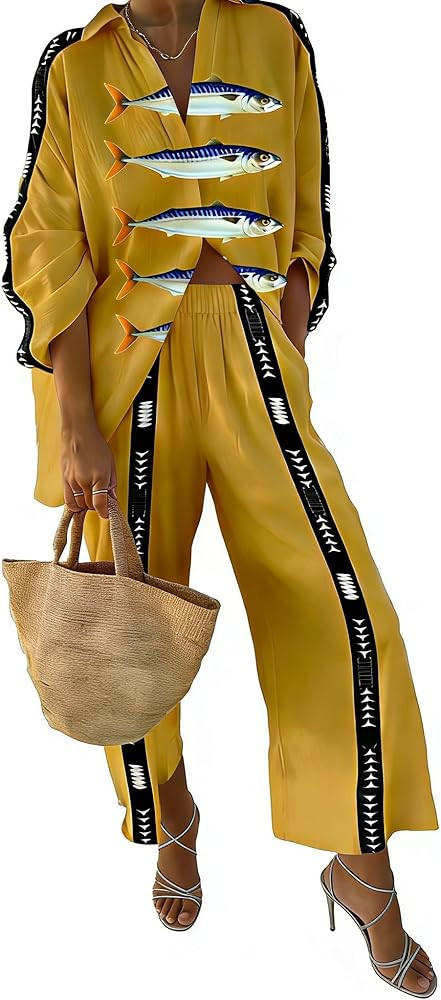 Women Outfits Sets Casual Floral Button Down Shirt Wide Leg Pants Beach Sexy Matching Loungewear ... | Amazon (US)