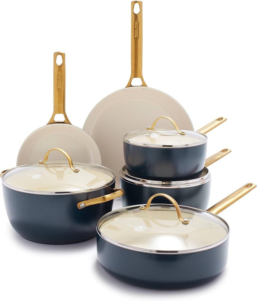 GreenPan Hard Anodized Healthy Ceramic Nonstick 10 Piece Cookware Pots and Pans Set, Gold-Tone St... | Amazon (US)