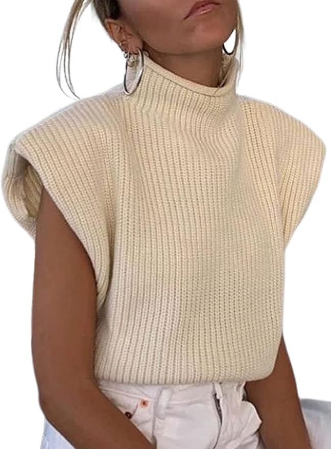 Huaqiao Women's High Neck Knit Sweater Vest Padded Shoulder Turtleneck Sweater Sleeveless Ribbed ... | Amazon (UK)