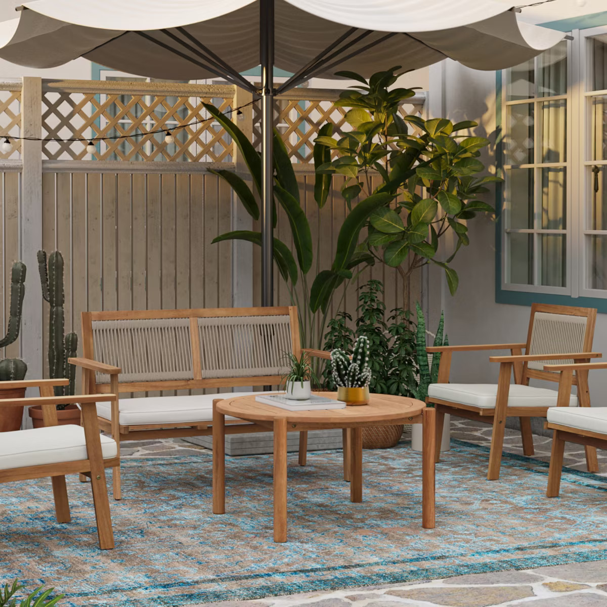 LuxenHome Natural Solid Wood 35.4-Inch Round Outdoor Coffee Table Brown | Target