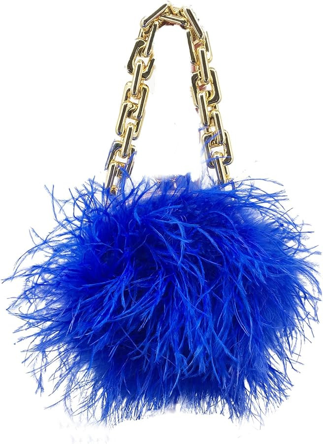 Women Ostrich Feather Mini Handbag Purse with Big Gold Chain for Party Fluffy Plush Luxurious | Amazon (US)