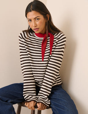 Brown Striped Ribbed Trim Boat Neck Jumper | Nobody's Child