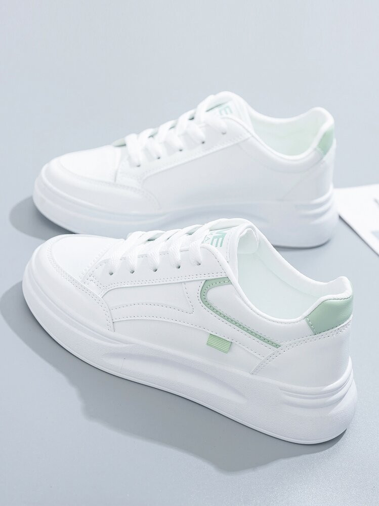 2025 New Arrival White Canvas Sneakers, Thick Sole College Style Niche Student Casual Sports Flat Shoes, White & Green | SHEIN