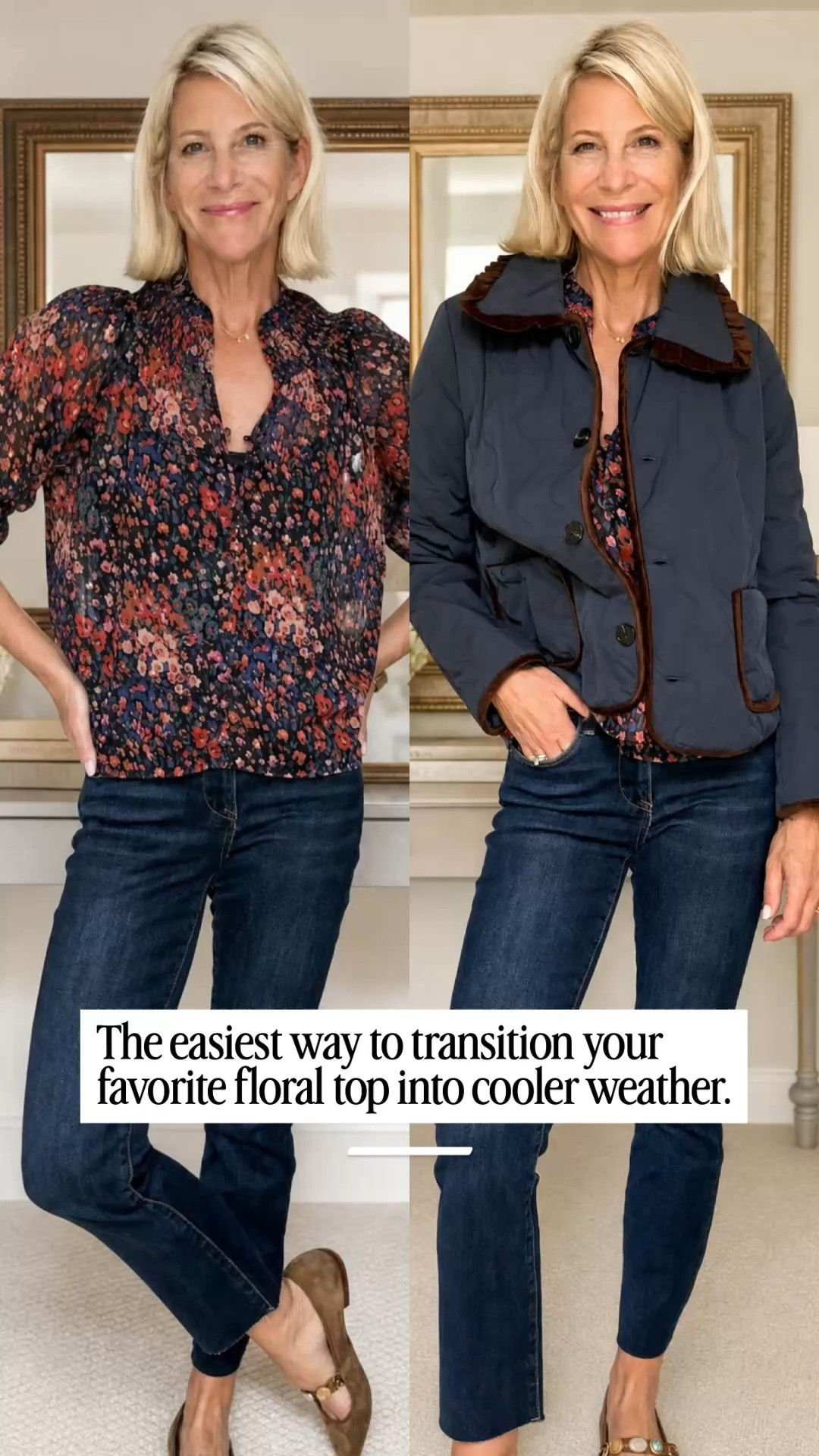A pretty floral top can do so much more than you think. Wear it on its own with dark denim and flats for an easy polished look, then add a quilted jacket when the temperature drops. I love how the floral print still feels feminine and interesting while the darker colors make it perfect for transitioning into fall. One versatile top, two completely different looks.

👩‍💻 LTK PRO TIPS
❤️ Heart = Support my posts ;-)
🔖 Save = Keep this styling idea for your next outfit refresh.
📋 Lists = Organize your favorite versatile pieces.
📲 Share = Send this to a friend who loves transitional style.
💬 Comment = Which look would you wear—the top alone or layered?

#LTKootd #LTKSeasonal #LTKOver40