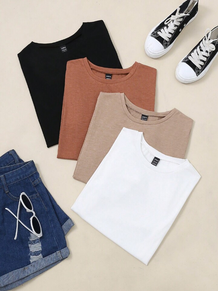 SHEIN LUNE Women's Basic Solid Color Round Neck Short Sleeve T-Shirt 4pcs/Set | SHEIN