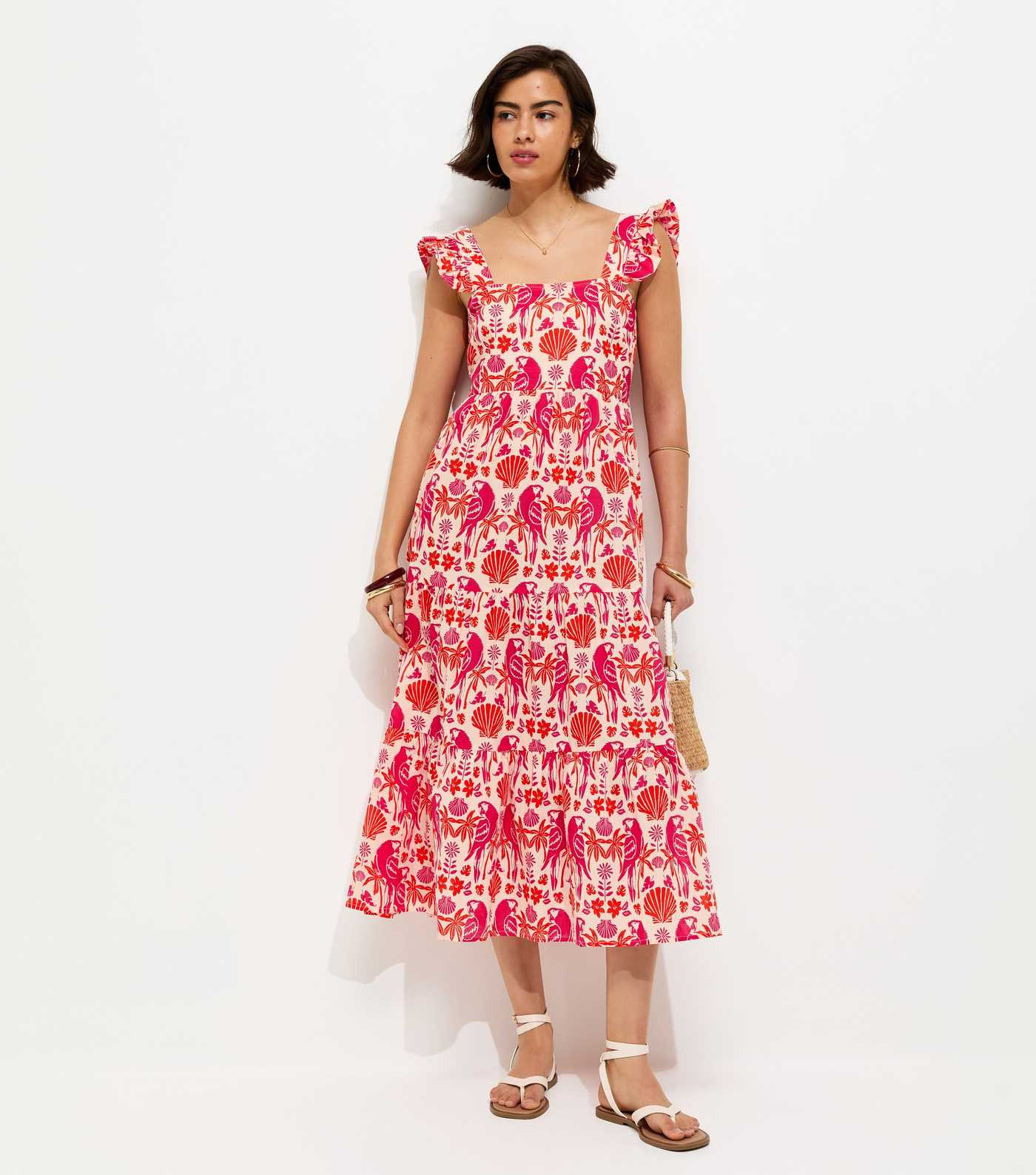 Pink Parrot Patterned Ruffle Strap Midi Dress | New Look | New Look (UK)