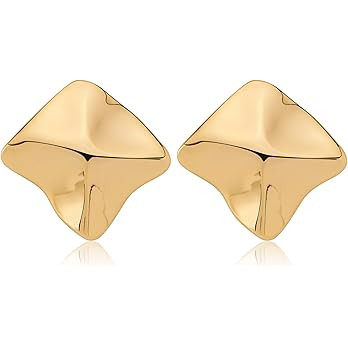 Gold Geometric Stud Earrings Chunky Statement Earrings for Women Irregular Crumpled Square Half-b... | Amazon (US)