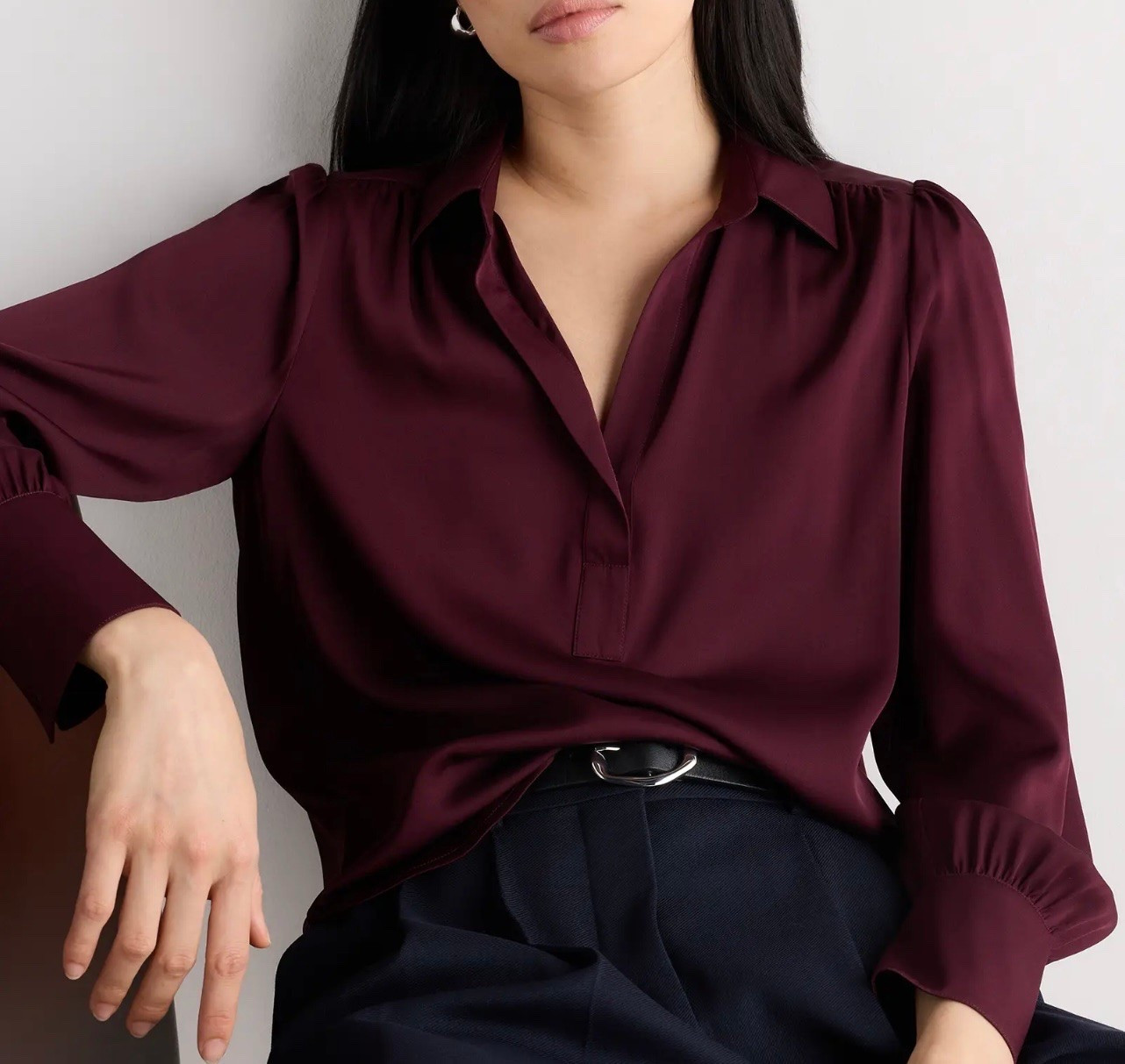 Love this color and the fabric is 10/10 
This blouse soft, feminine and a washable silk. It’s sure to be you new go-to
Available in 10 colors
 I styled it with wide leg denim, black kitten heels, and a great black bag.

#LTKOver40 #LTKU