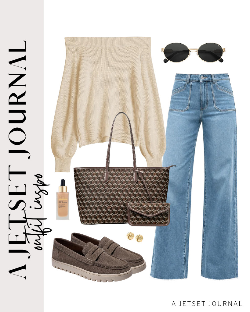 The first outfit is this apricot ZAFUL off-the-shoulder knit sweater paired with Cicy Bell wide-leg jeans. You can wear these mushroom suede leather slip-on loafers from Project Cloud and carry a stylish KALIDI 3D Cube tote bag to match this fit.  

 #LTKSeasonal #LTKSaleAlert #LTKTravel