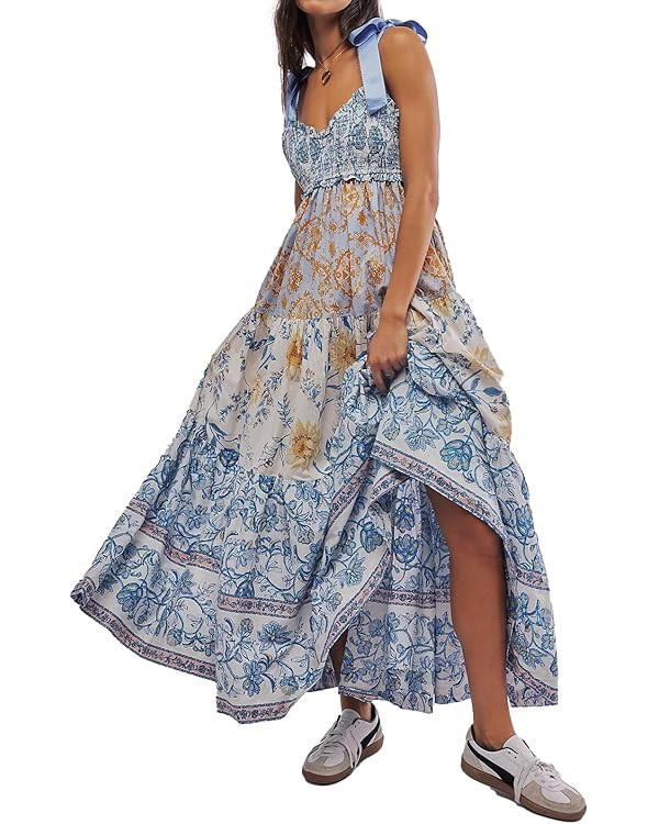 Women Floral Maxi Dress Sleeveless Tie Shoulder Bohemian Flowy Smocked Dresses Casual Summer Sund... | Amazon (US)