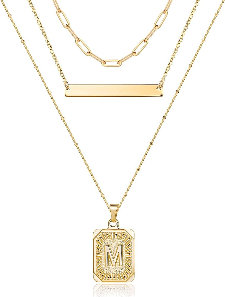 Gold Layered Initial Necklaces for Women, Dainty 14K Gold Plated Paperclip Chain Necklace Handmad... | Amazon (US)