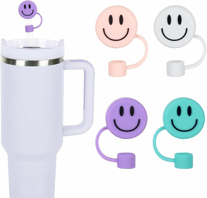 Whaline 4Pcs Smile Face Straw Covers Silicone Reusable Straw Topper Double Sided Pattern Straw Ti... | Amazon (US)