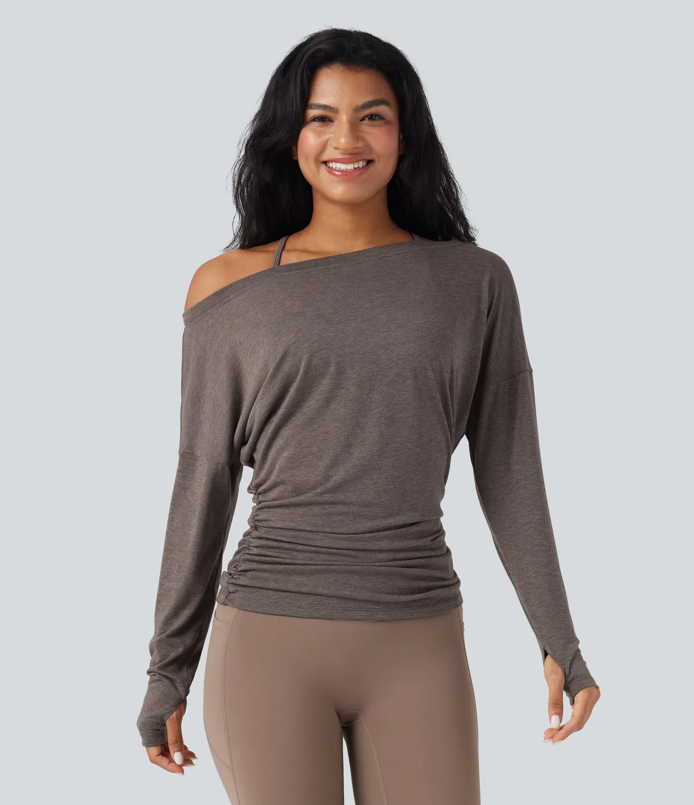 Women’s One Shoulder Long Sleeve Thumb Hole Ruched Yoga Sports Top - Halara | HALARA