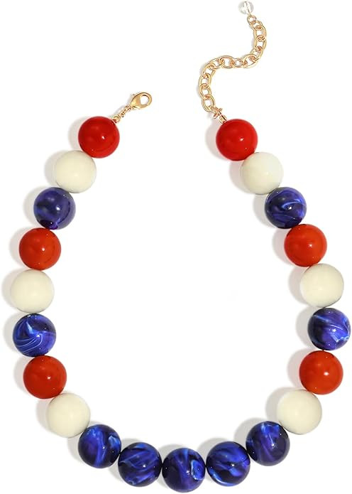Chunky Beaded Choker Necklace for Women Boho Statement Necklace with Large Pearl Blue Brown Tone ... | Amazon (US)