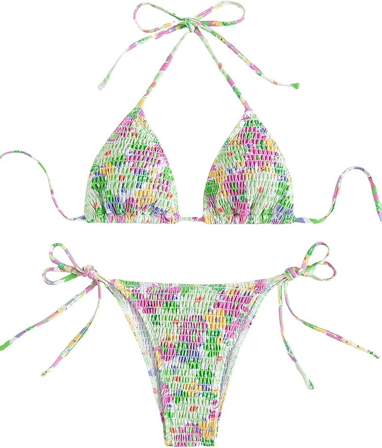 Cozyease Women's 2 Piece Floral Bikini Sets Smocked Drawstring Side Triangle Halter Sexy Cute Swi... | Amazon (US)
