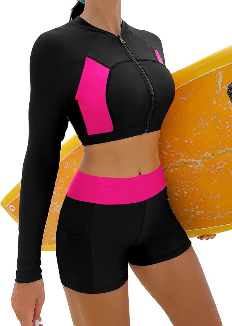 MakeMeChic Women's 2 Piece Bathing Suits Color Block Long Sleeve Zip Front Swim Top High Waisted ... | Amazon (US)