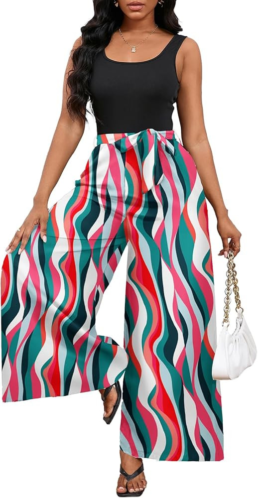 Bdwinz Women Casual Loose Summer Jumpsuit One Piece Print Outfits Sleeveless Wide Leg Pants | Amazon (US)