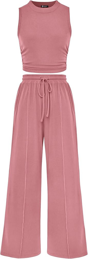 PRETTYGARDEN Women's Summer 2 Piece Outfits Ribbed Knit Lounge Sets Tracksuit Sleeveless Crop Tan... | Amazon (US)