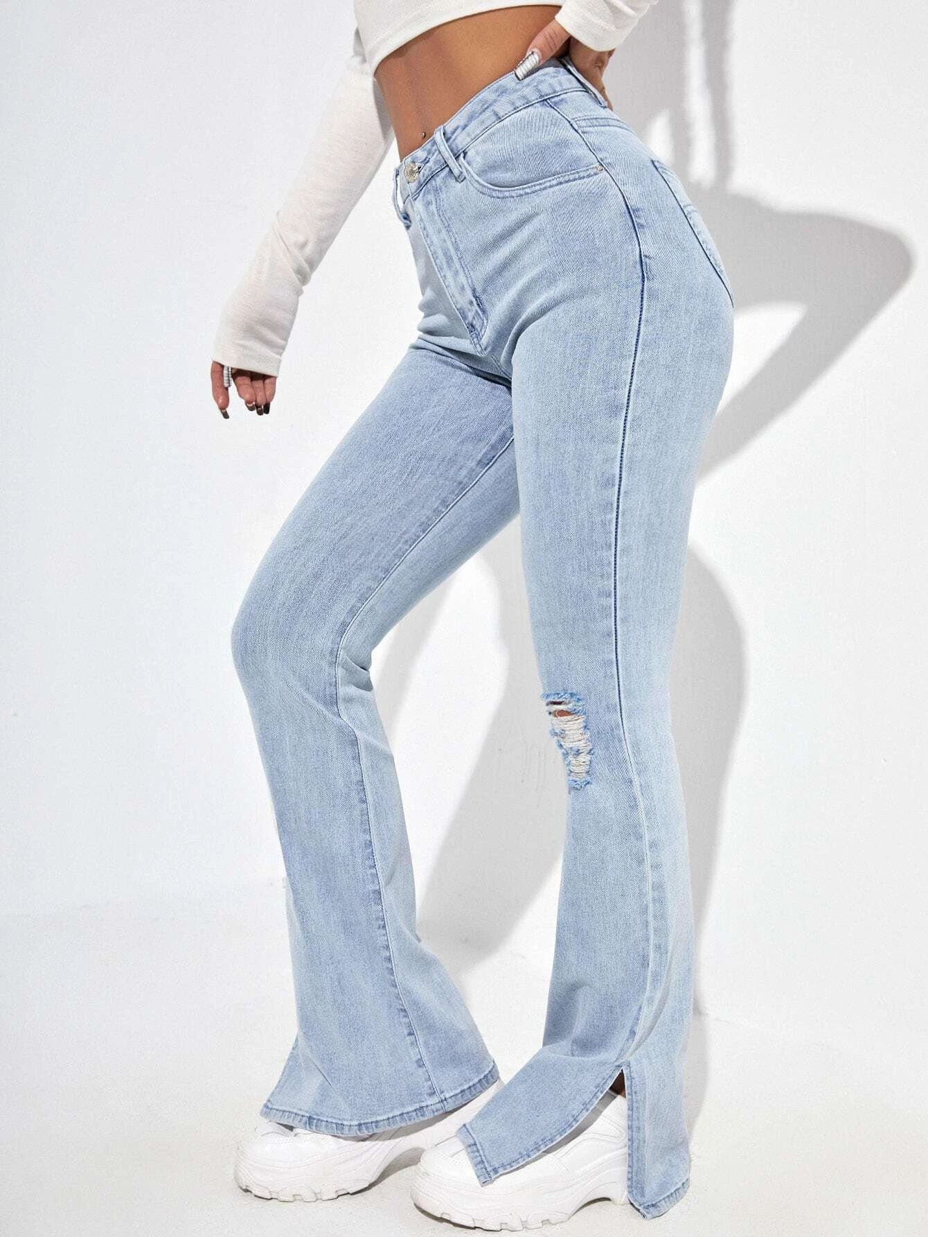 High Waisted Ripped Split Hem Jeans | SHEIN
