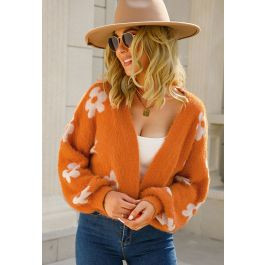 Cuteness Flowers Fuzzy Knit Cardigan in Orange | Chicwish