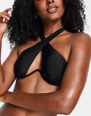 River Island underwire halter wrap bikini top in black | ASOS (Global)