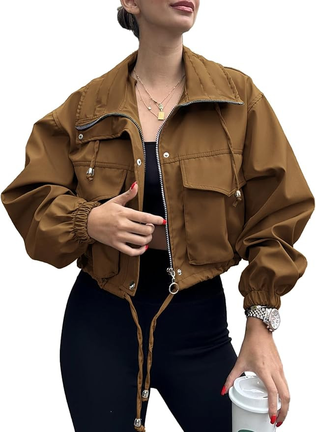 Tankaneo Womens Cropped Jacket Zip Up Lightweight Oversized Utility Anorak Coat with Pockets | Amazon (US)