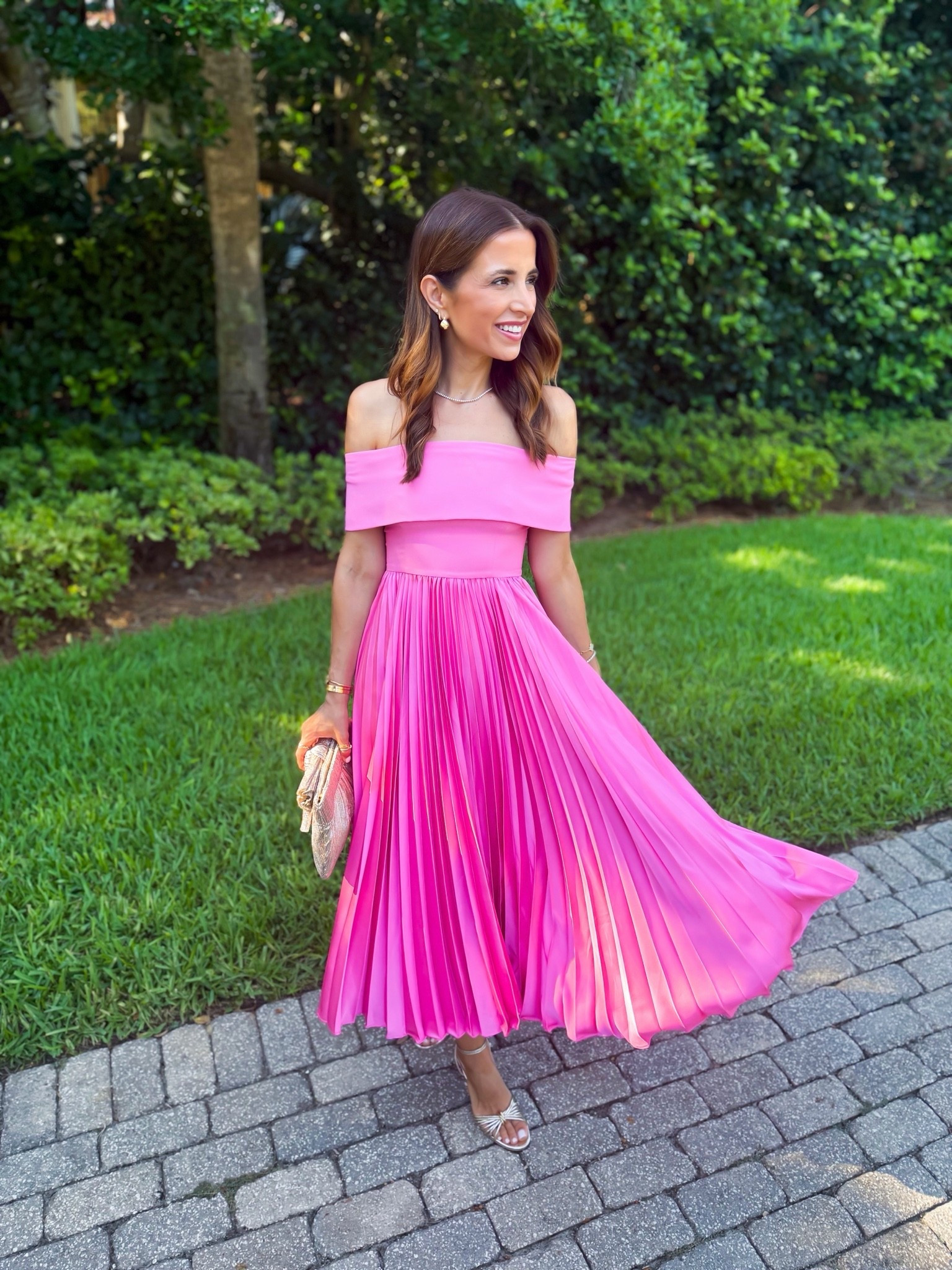 My dinner outfit tonight! Wedding guest dress in 00 petite. Cocktail dress. Summer wedding guest. Fall wedding guest. Date night outfit. Date night dress. Party dress. Gold heels are TTS. Gold bow clutch.

#LTKgrwm #LTKWedding #LTKTravel