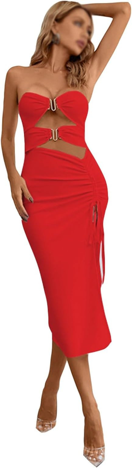 Women Sleeveless Cutout Ruched Off Shoulder Prom Dresses Adjustable Split Satin Party Cocktail Dr... | Amazon (US)