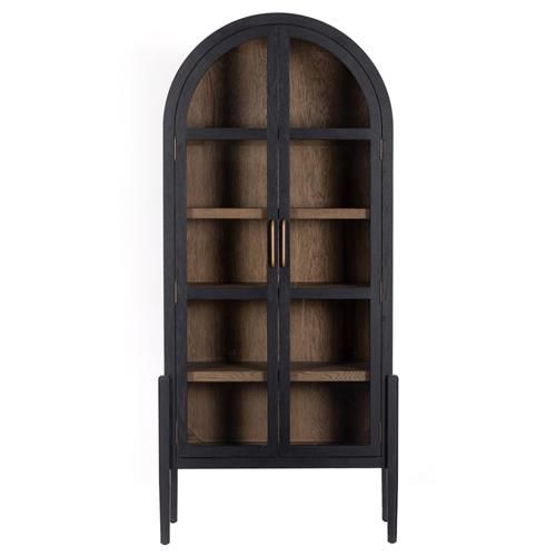 Ivan Mid Century Clear Glass Black Solid Oak Wood 2 Door Arched Display Case | Kathy Kuo Home