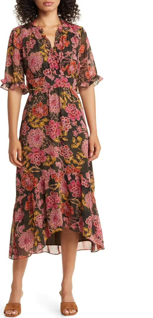 Floral Ruffle Faux Wrap Midi Dress | Nordstrom