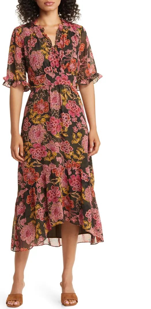 Floral Ruffle Faux Wrap Midi Dress | Nordstrom