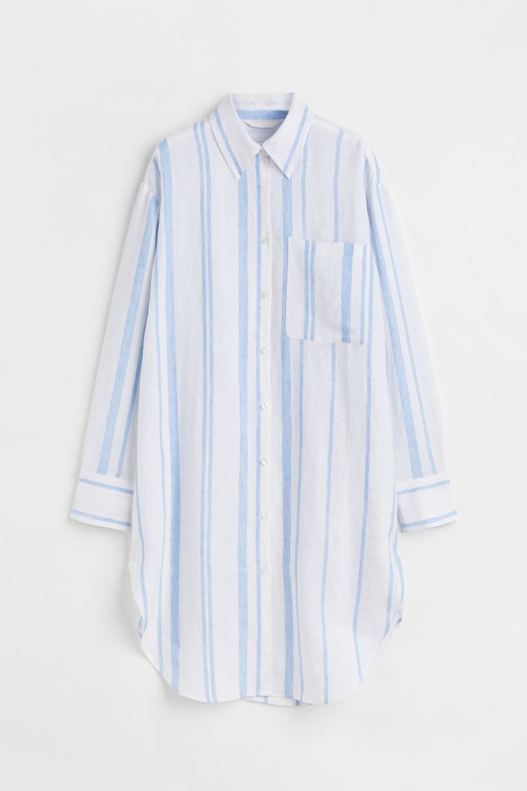 Long, oversized shirt in airy linen. Collar, buttons at front, and double-layered yoke at back wi... | H&M (US + CA)