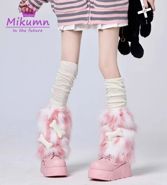 Mikumn Harajuku Punk Black White Pink Plush Bone Furry Leg Warmer Sock Y2K Gothic Kawaii Faux Fur... | AliExpress (US)